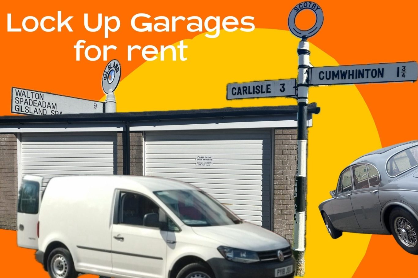 a van in front of a lock up garage