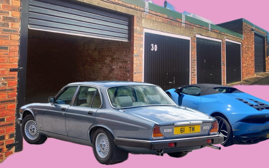 classic cars next to a lock up garage