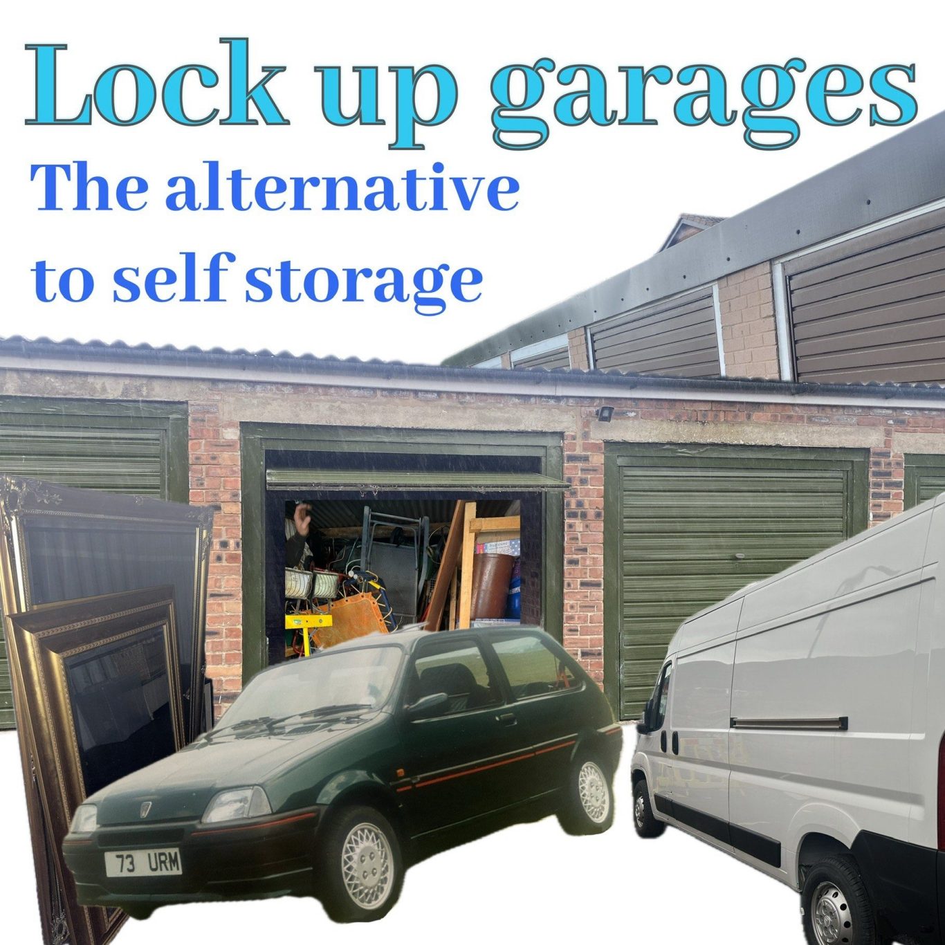 car and a van loading household goods into a storage garage unit