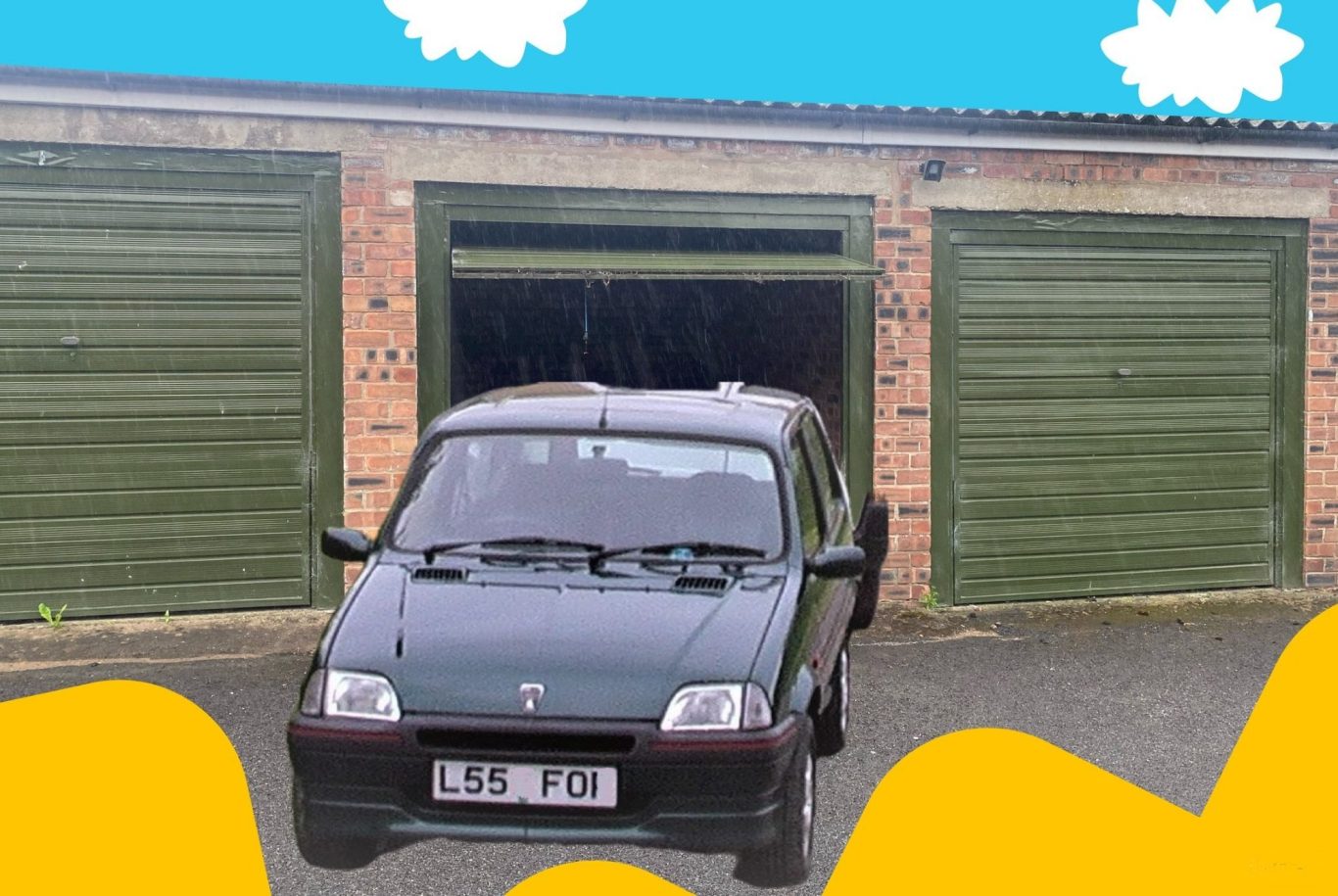 a classic austin metro car ready to go into a lock up garage